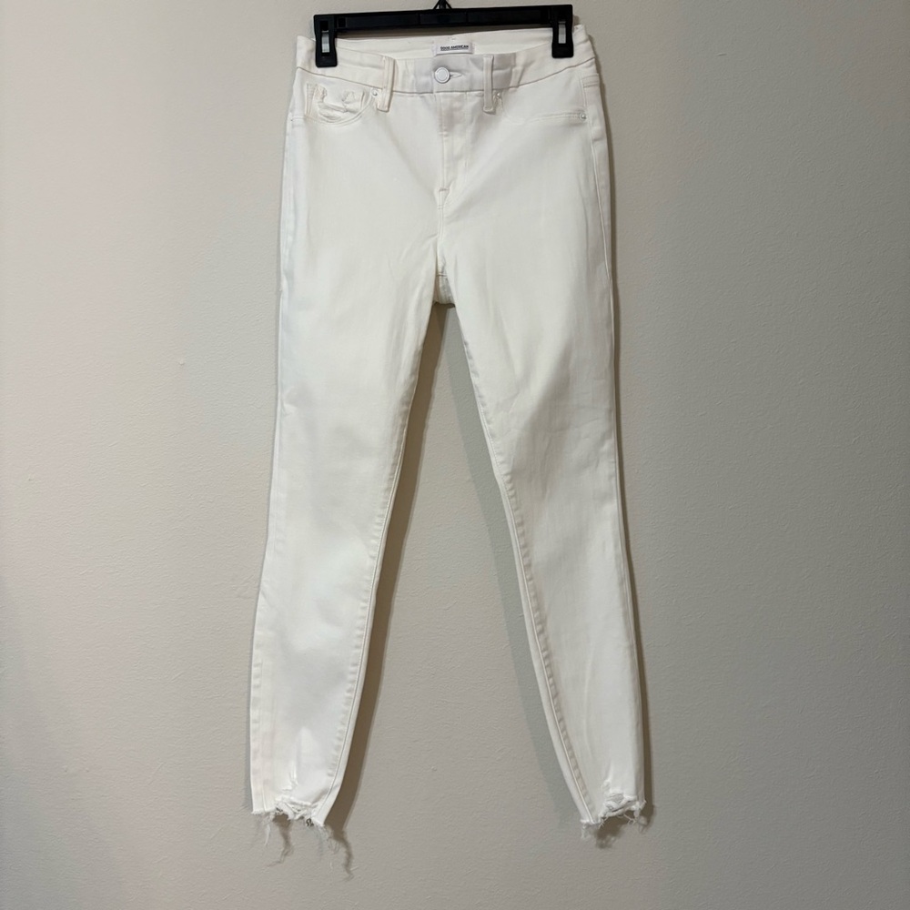 Good American “Good Legs” White Skinny Frayed Jeans